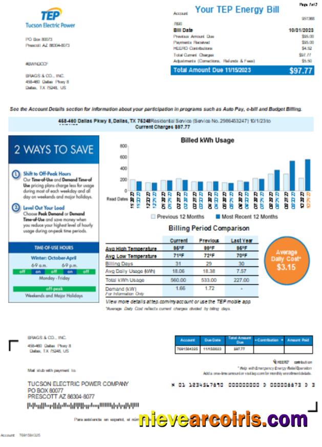 Arizona Tucson Electric Power (TEP) utility bill, page 1